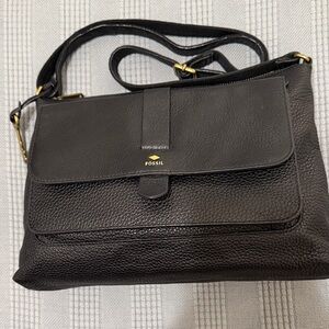 Fossil Black Leather Crossbody Bag with Gold Accents